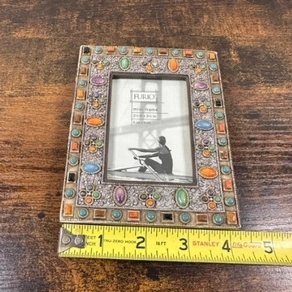 NEW Furio Mini Picture Frame Jeweled Boho Silver Tone Metal ‎ Colorful Stones